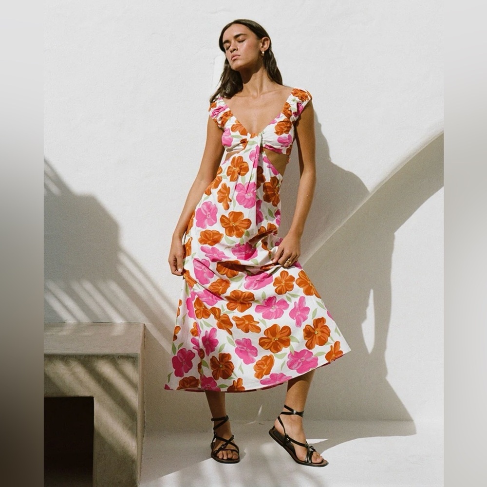 SABO Pink & Orange Floral Midi Dress with V-Neck